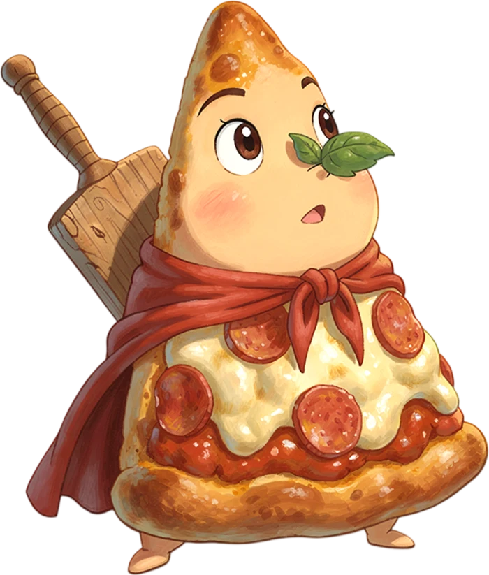 The pizza slice from the game, with its pizzaiolo peel strapped to its back