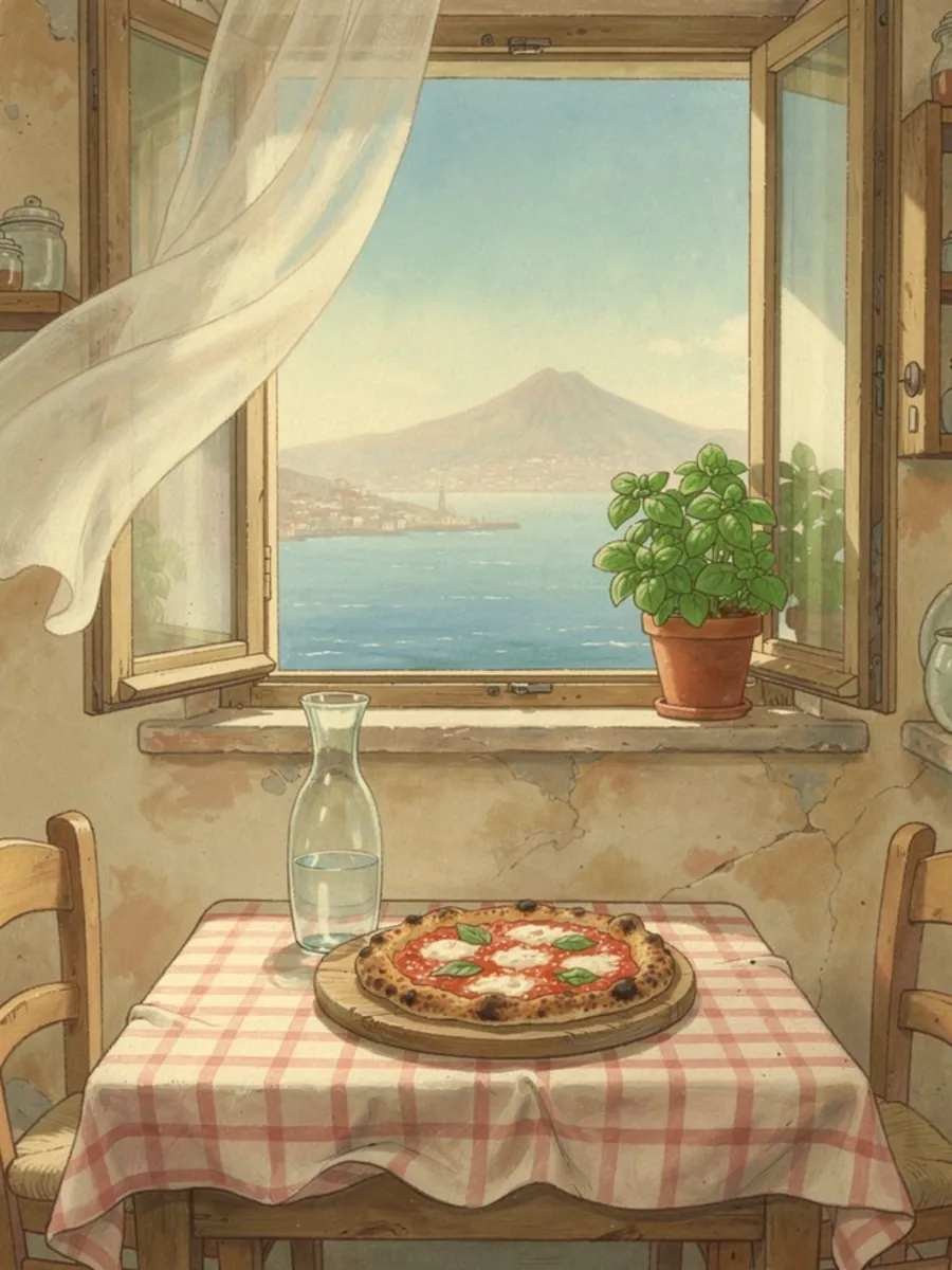 Naples seen through a window: a table, a carafe, a margherita pizza